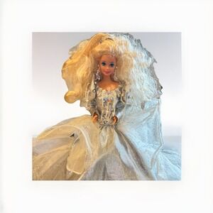 Vintage 1966 Blonde Barbie Doll In Silver Ball Gown Sparkly hair tie & earrings